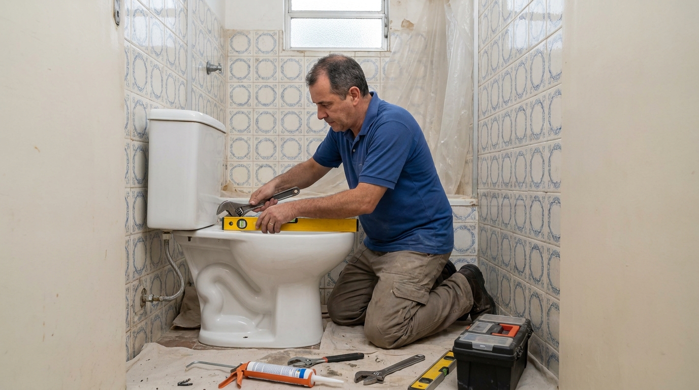 Técnico instalando vaso sanitário em Canoas‑RS